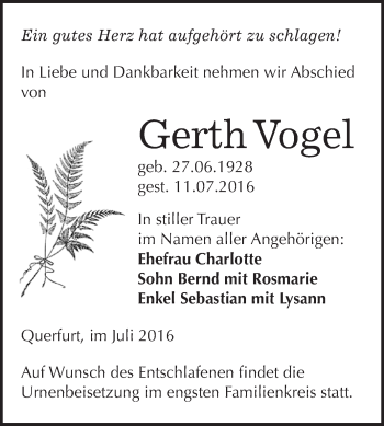 Traueranzeige von Gerth Vogel von WVG - Wochenspiegel Merseburg