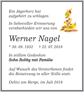 Traueranzeige von Werner Nagel von Mitteldeutsche Zeitung Merseburg/Querfurt