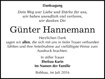 Traueranzeige von Günter Hannemann von Mitteldeutsche Zeitung Bitterfeld
