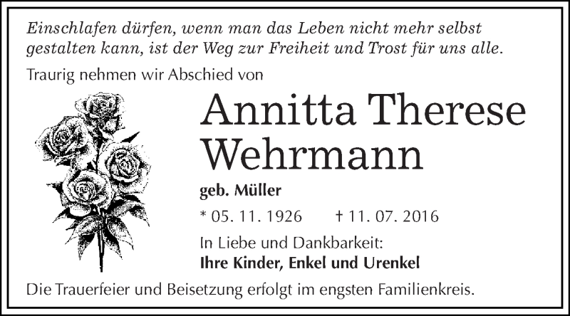  Traueranzeige für Annitta Therese Wehrmann vom 20.07.2016 aus WVG - Wochenspiegel Dessau / Köthen
