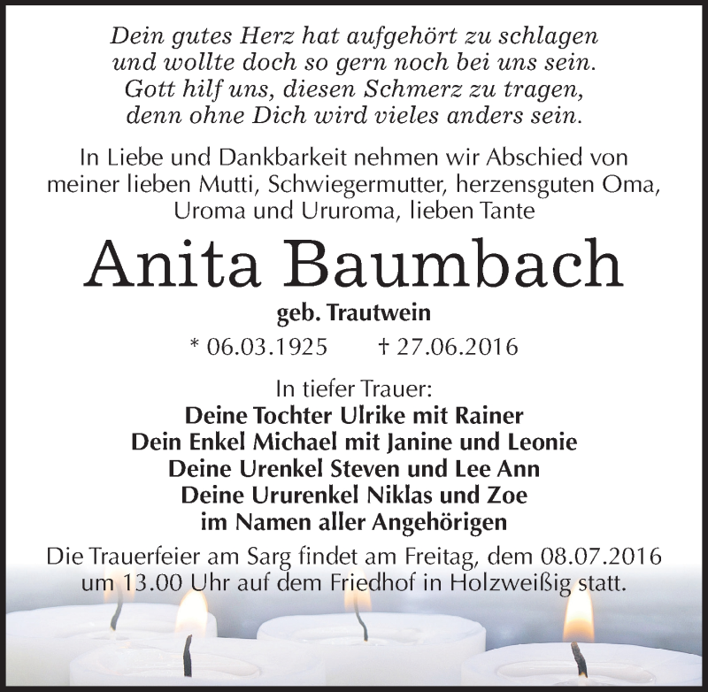  Traueranzeige für Anita Baumbach vom 02.07.2016 aus Mitteldeutsche Zeitung Bitterfeld