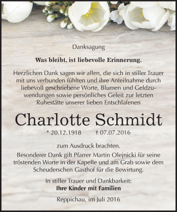 Traueranzeige von Charlotte Schmidt von Mitteldeutsche Zeitung Köthen