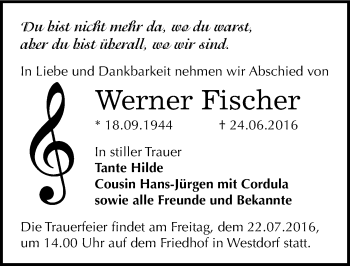 Traueranzeige von Werner Fischer von Mitteldeutsche Zeitung Aschersleben