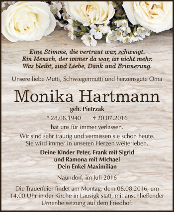 Traueranzeige von Monika Hartmann von WVG - Wochenspiegel Dessau / Köthen