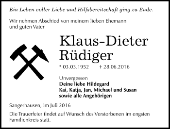 Traueranzeige von Klaus-Dieter Rüdiger von Mitteldeutsche Zeitung Sangerhausen