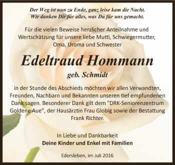 Traueranzeige von Edeltraud Hommann von Super Sonntag SGH Mansf. Land