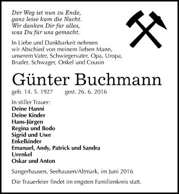 Traueranzeige von Günter Buchmann von Mitteldeutsche Zeitung Sangerhausen