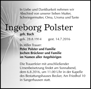Traueranzeige von Ingeborg Polster von Mitteldeutsche Zeitung Sangerhausen