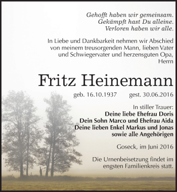 Traueranzeige von Fritz Heinemann von Mitteldeutsche Zeitung Weißenfels