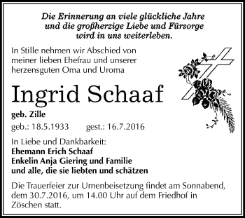 Traueranzeige von Ingrid Schaaf von WVG - Wochenspiegel Merseburg