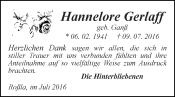 Traueranzeige von Hannelore Gerlaff von Super Sonntag SGH Mansf. Land