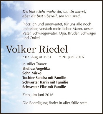 Traueranzeige von Volker Riedel von Super Sonntag Zeitz