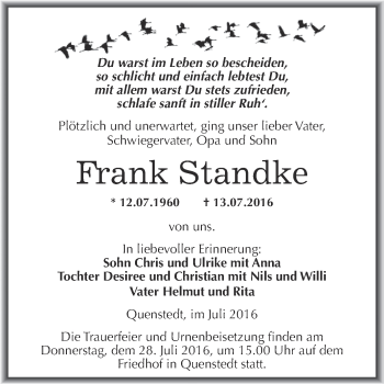 Traueranzeige von Frank Standke von Wochenspiegel Mansfelder Land