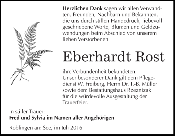 Traueranzeige von Eberhardt Rost von Super Sonntag SGH Mansf. Land