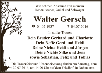 Traueranzeige von Walter Gersch von WVG - Wochenspiegel Dessau / Köthen