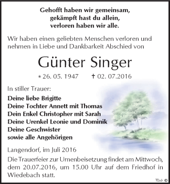 Traueranzeige von Günter Singer von Mitteldeutsche Zeitung Weißenfels
