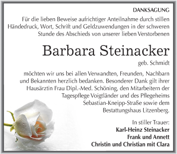 Traueranzeige von Barbara Steinacker von Mitteldeutsche Zeitung Mansfelder Land