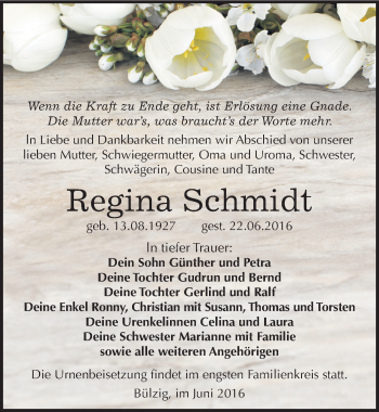 Traueranzeige von Regina Schmidt von Mitteldeutsche Zeitung Wittenberg