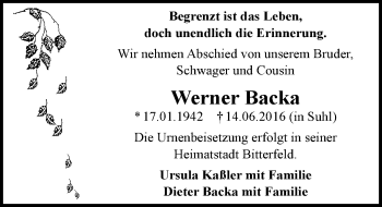 Traueranzeige von Werner Backa von Mitteldeutsche Zeitung Bitterfeld