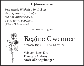 Traueranzeige von Regine Gwenner von WVG - Wochenspiegel Bitterfeld