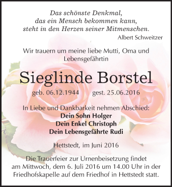 Traueranzeige von Sieglinde Borstel von Mitteldeutsche Zeitung Mansfelder Land