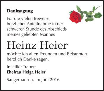 Traueranzeige von Heinz Heier von Mitteldeutsche Zeitung Sangerhausen
