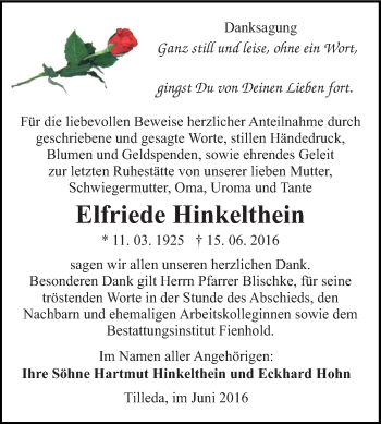 Traueranzeige von Elfriede Hinkelthein von Super Sonntag SGH Mansf. Land