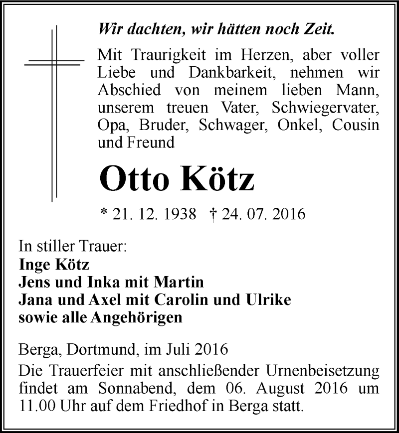  Traueranzeige für Otto Kötz vom 29.07.2016 aus Mitteldeutsche Zeitung Sangerhausen