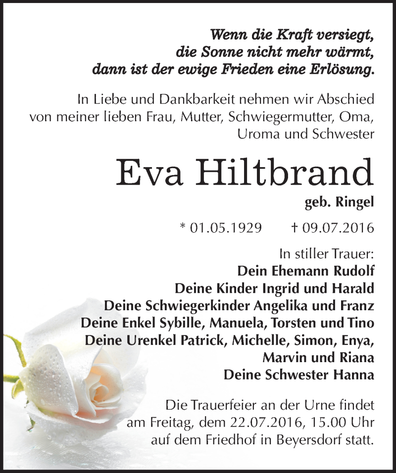  Traueranzeige für Eva Hiltbrand vom 16.07.2016 aus Mitteldeutsche Zeitung Bitterfeld
