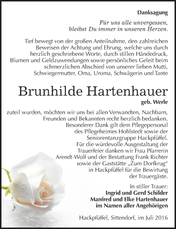 Traueranzeige von Brunhilde Hartenhauer von Mitteldeutsche Zeitung Sangerhausen