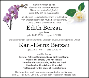 Traueranzeige von Edith Berzau von WVG - Wochenspiegel Dessau / Köthen