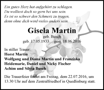 Traueranzeige von Gisela Martin von Mitteldeutsche Zeitung Quedlinburg