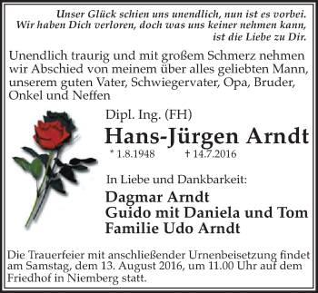 Traueranzeige von Hans-Jürgen Arndt von Mitteldeutsche Zeitung Halle/Saalkreis