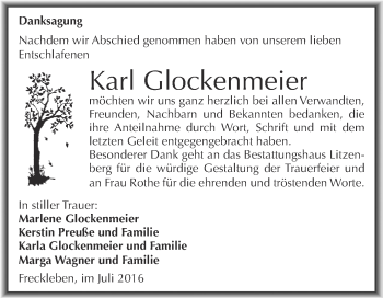Traueranzeige von Karl Glockenmeier von Wochenspiegel Mansfelder Land