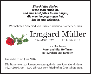 Traueranzeige von Irmgard Müller von Mitteldeutsche Zeitung Weißenfels