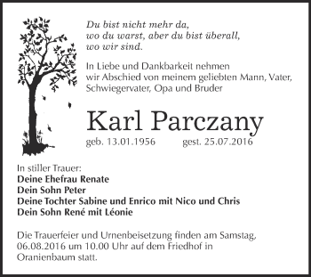 Traueranzeige von Karl Parczany von Super Sonntag Wittenberg