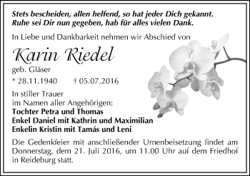 Traueranzeige von Karin Riedel von Mitteldeutsche Zeitung Halle/Saalkreis