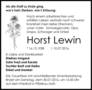 Traueranzeige von Horst Lewin von Mitteldeutsche Zeitung Bernburg