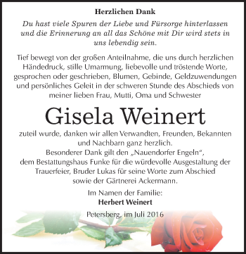 Traueranzeige von Gisela Weinert von Mitteldeutsche Zeitung Halle/Saalkreis