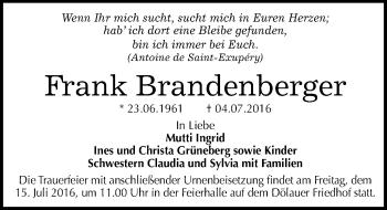 Traueranzeige von Frank Brandenberger von Mitteldeutsche Zeitung Halle/Saalkreis