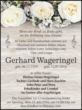 Traueranzeige von Gerhard Wageringel von Super Sonntag Bernburg