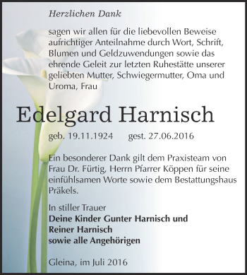 Traueranzeige von Edelgard Harnisch von Super Sonntag Zeitz