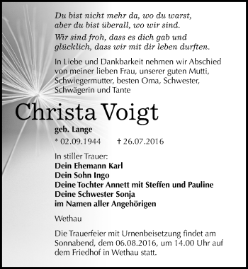 Traueranzeige von Christa Voigt von Mitteldeutsche Zeitung Naumburg/Nebra