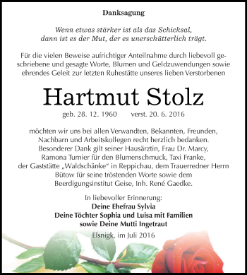 Traueranzeige von Hartmut Stolz von WVG - Wochenspiegel Dessau / Köthen