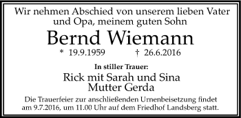 Traueranzeige von Bernd Wiemann von Mitteldeutsche Zeitung Halle/Saalkreis