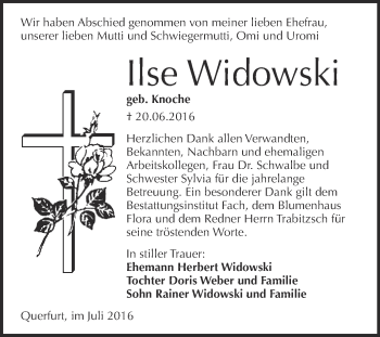 Traueranzeige von Ilse Widowski von WVG - Wochenspiegel Merseburg