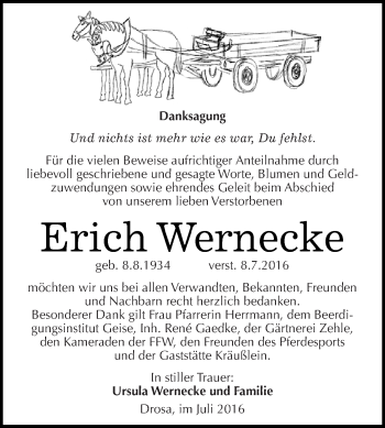 Traueranzeige von Erich Wernecke von WVG - Wochenspiegel Dessau / Köthen