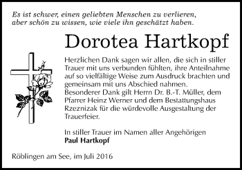 Traueranzeige von Dorotea Hartkopf von Mitteldeutsche Zeitung Mansfelder Land