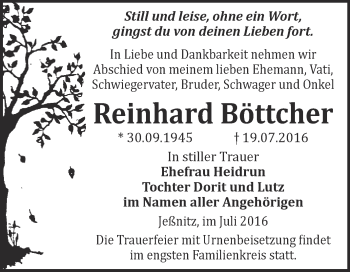 Traueranzeige von Reinhard Böttcher von WVG - Wochenspiegel Bitterfeld