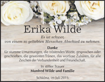 Traueranzeige von Erika Wilde von WVG - Wochenspiegel Wittenberg